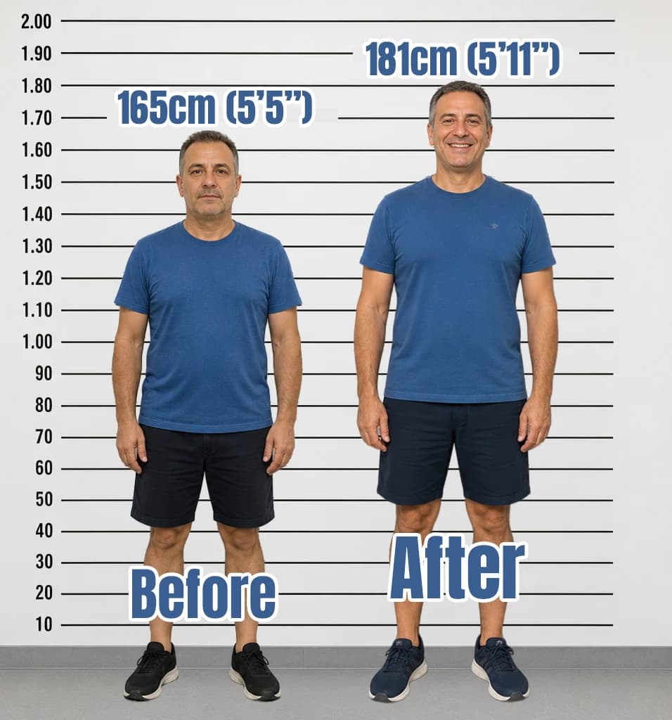 Before-and-after height comparison illustrating limb lengthening surgery outcome: same male model at 165 cm (5 ft 5 in) pre-op and 181 cm (5 ft 11 in) post-op — a 16 cm (6.3 in) height gain — photographed against a centimeter measurement chart.