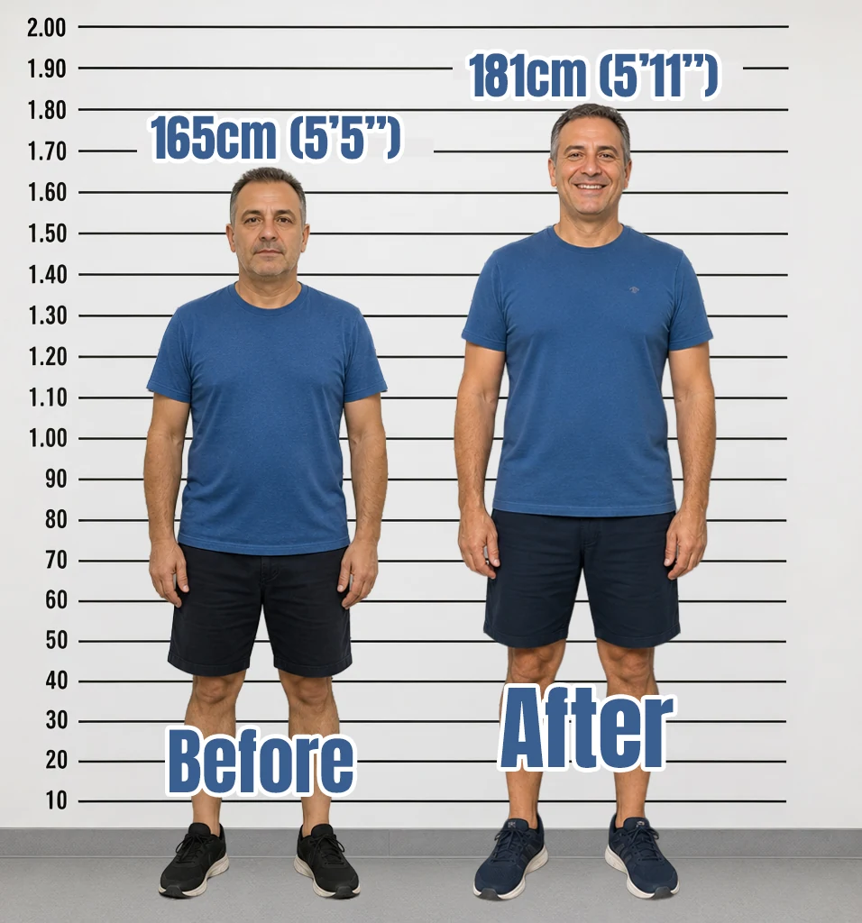 Before and after height chart showing a 165 cm to 181 cm gain from two-stage limb lengthening